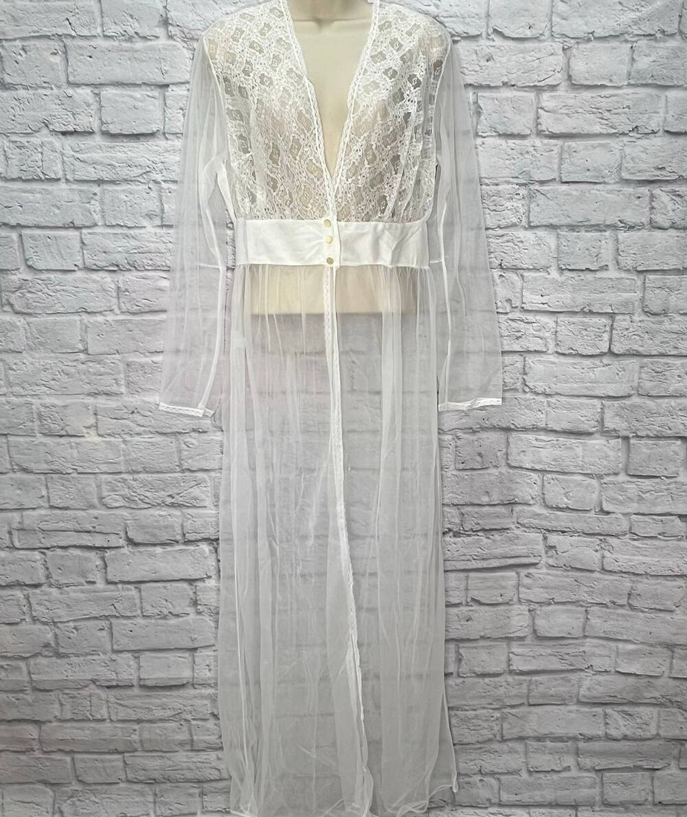 Vintage Nancy King Sheer Nylon Peignoir Robe White Bridal Size M New Satin Lace